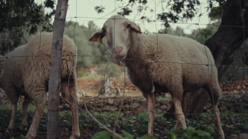 A couple sheep near a fence
