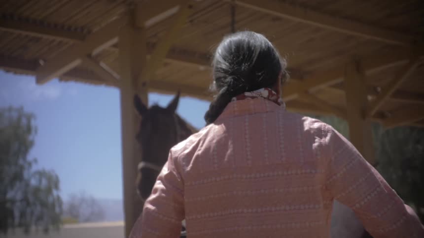 Woman carries a saddle to a horse attached to an open air structure during the daytime