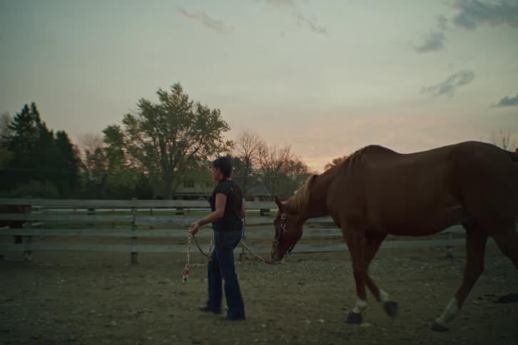 Woman walking through a fenced pasture leading a horse