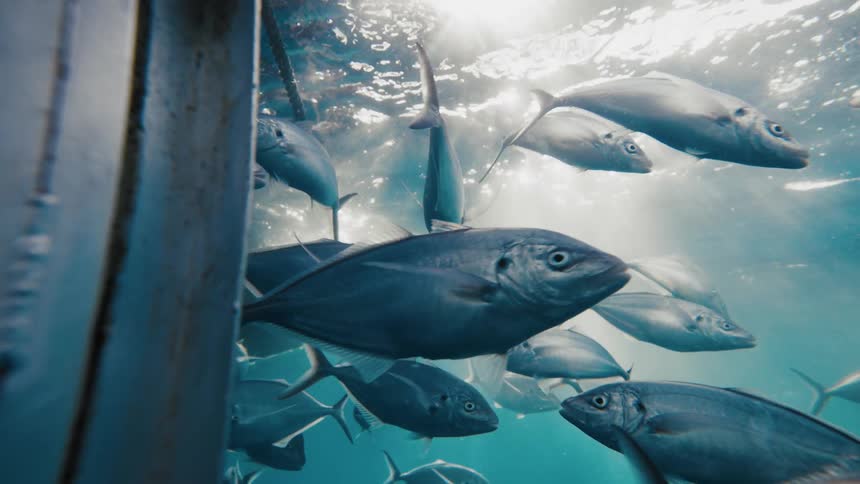 A group of tuna swim by the cage underwater