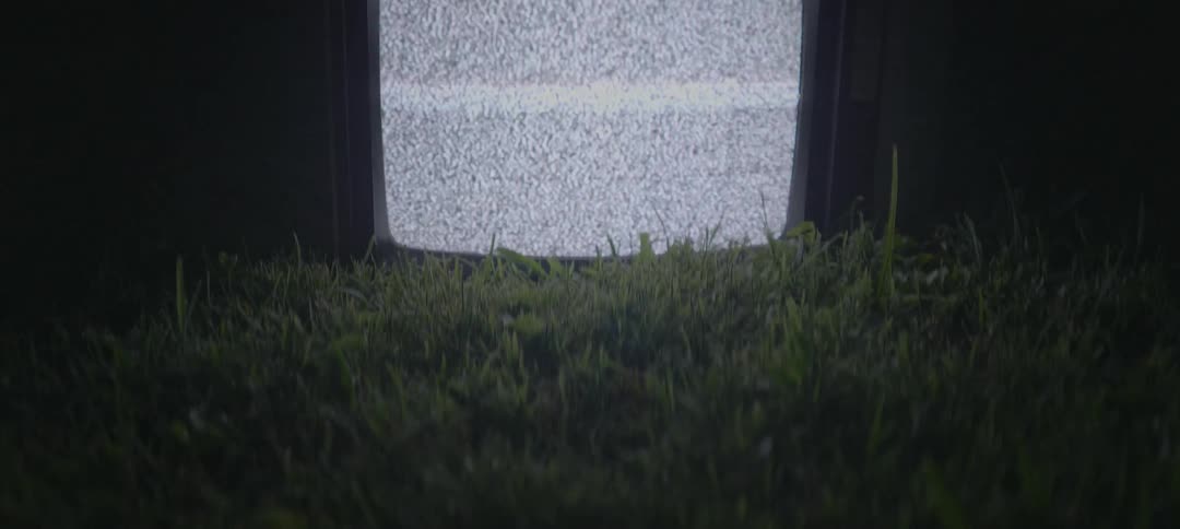 A tv sitting in the grass flashes white lines of static