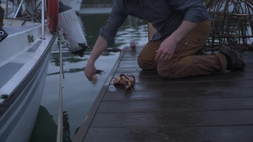 A man is breaking a crab in half by hitting it on the side of a pier next to a boat