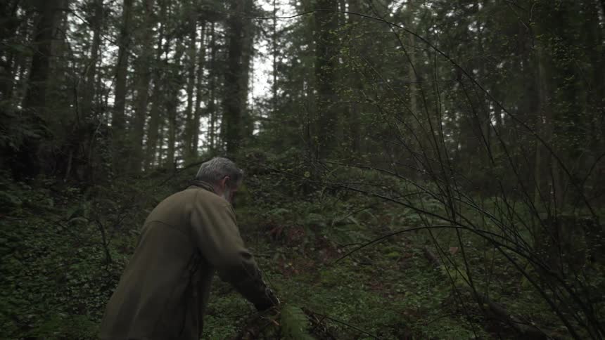Man holding a trap walking in the forest