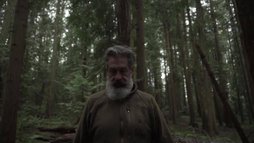 A man is walking down a path in a forest