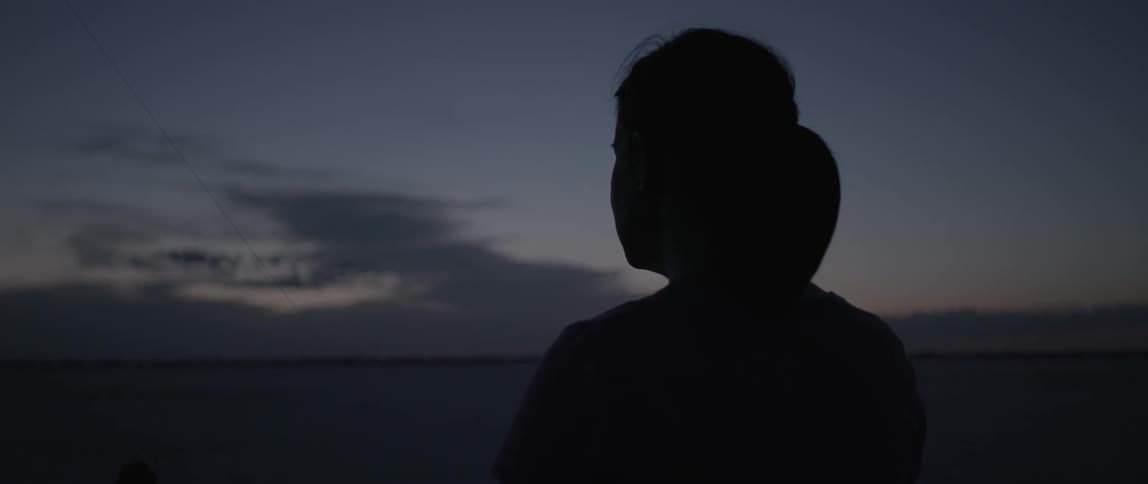 A woman is standing in the shadows looking over the sunset