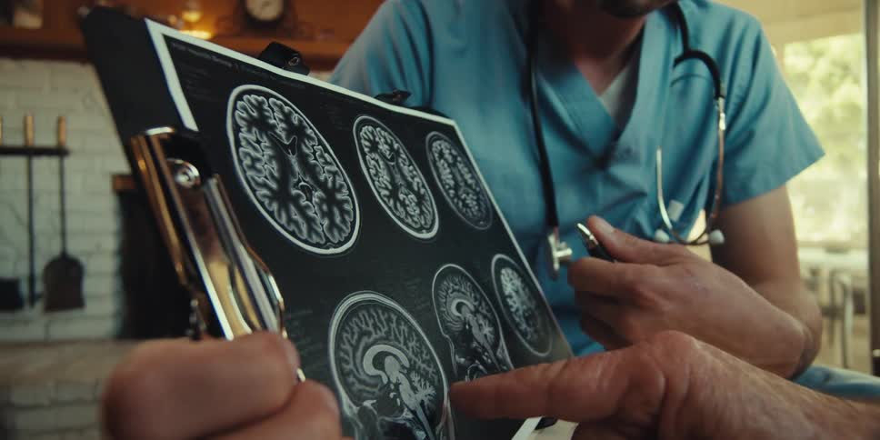 Elderly man and a nurse interacting with a brain scanner