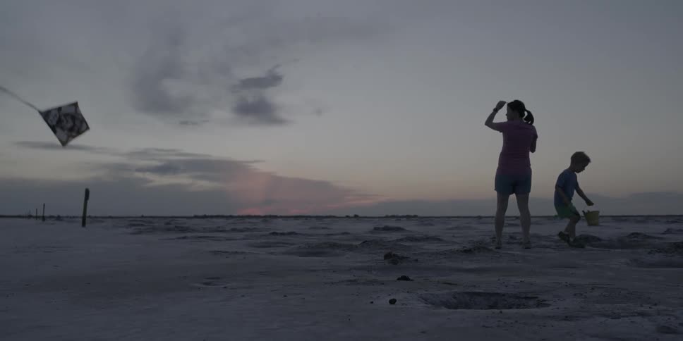 Woman flying kite while boy plays next to her on beach at dusk