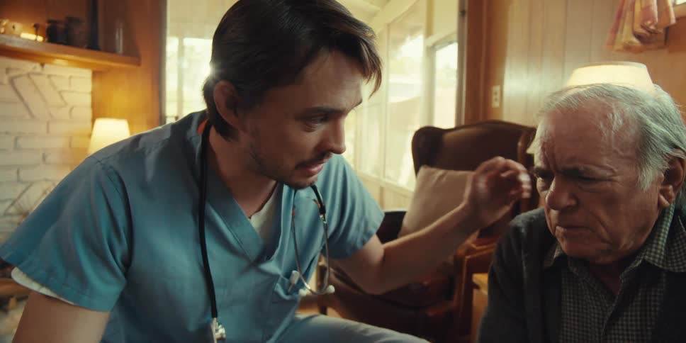 A medical professional is showing a man information on a chart as he visits in his home