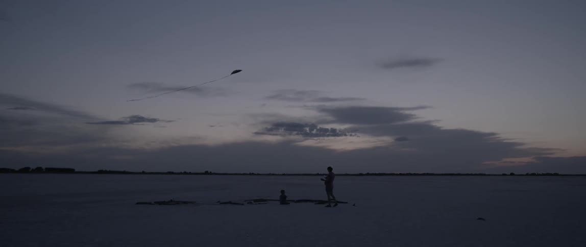 An adult and child fly a kite at dusk