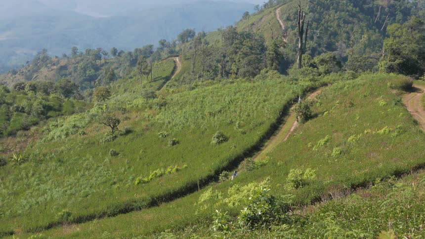 A motorcyclist rides a curving road down a steep mountain