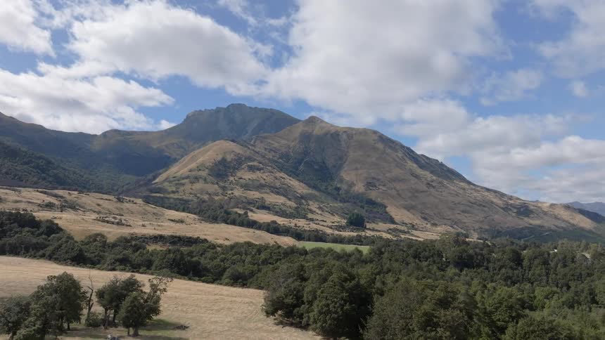 Aerial panorama of mountain range and trees