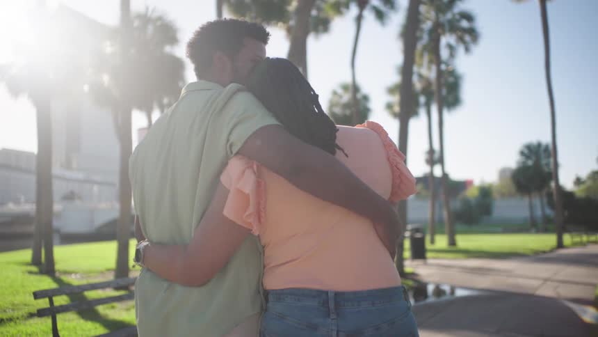 Seen from behind a couple walks arm in arm through a sunny park lined with palm trees