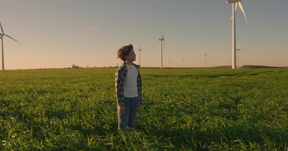 Boy standing in a farm field with wind turbines at sunrise