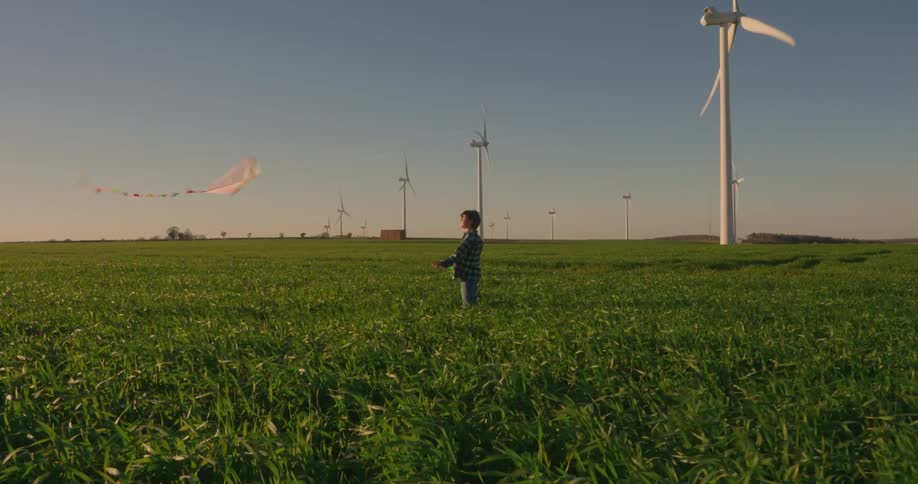 Boy in a green field with wind power engines playing with a kite