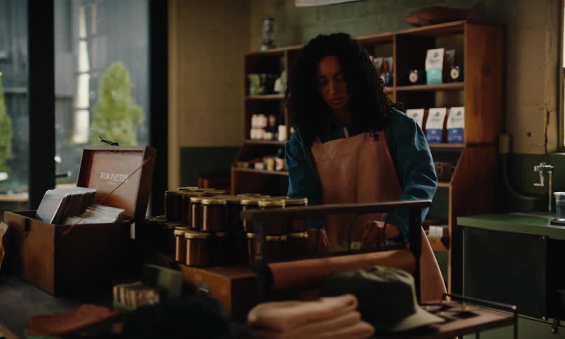 Curlyhaired woman in an apron arranging products inside a coffee shop