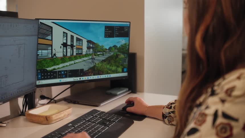 A graphics designer is working on her computer