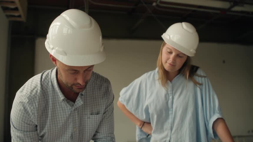 Two coworkers wearing hard hats collaborate over architectural blueprints in a bright modern office
