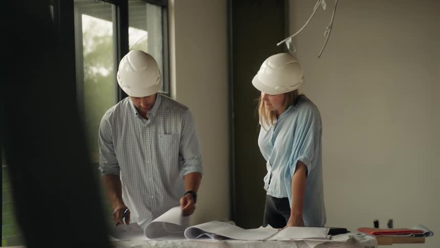 A man and woman read blueprints together on a work site