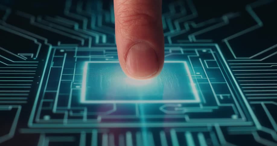 Finger touching the center of a digital interface with electronic circuits