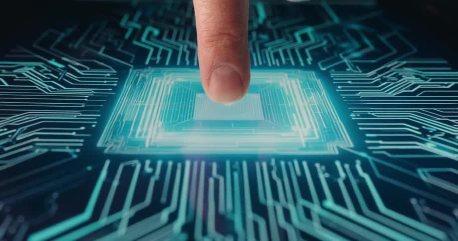 Finger pressing the center of a digital screen with blue circuits