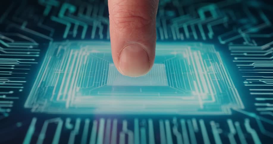 Finger pressing a screen and activating the blue digital circuits circus