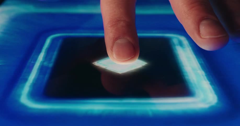 Finger pressing the screen and displaying abstract blue figures