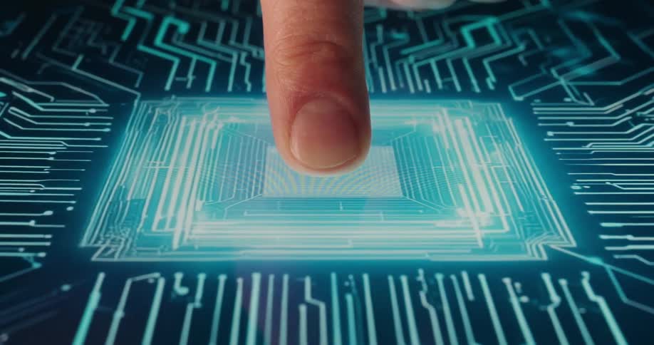 Finger pressing the center of a digital screen with light blue circuits