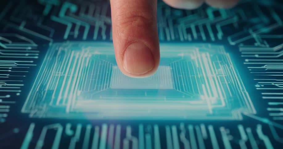 Finger pressing a blueilluminated rectangular area on a digital interface