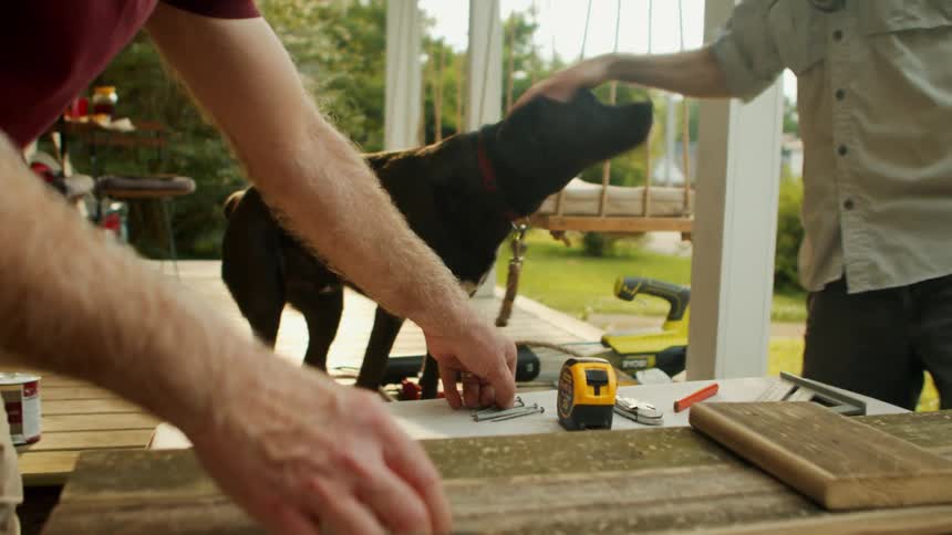 A man picks up a nail while another pets his dog