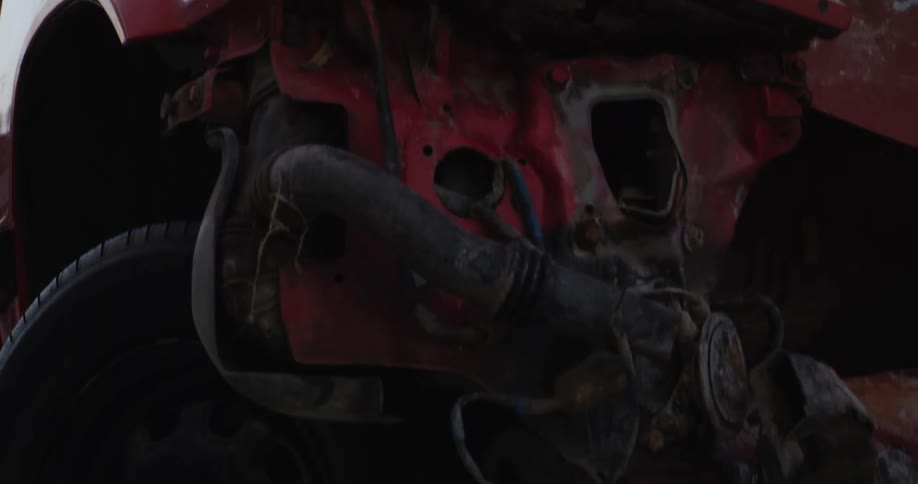 Closeup of the front of a crashed vehicle