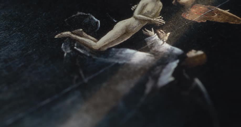 The painting contains people and angels