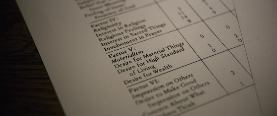 A closeup angled view of a hand moving a document listing factors related to religiosity and material things with numerical values alongside each