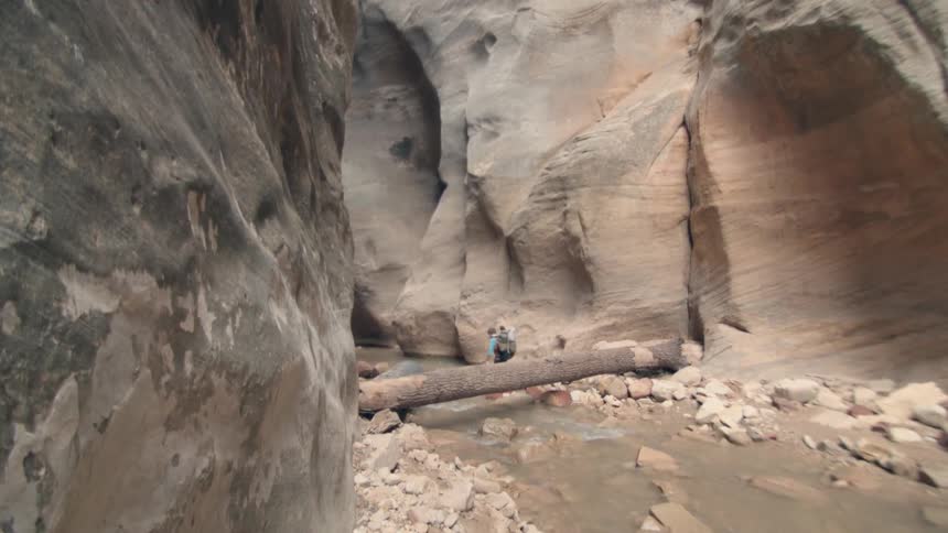 People are hiking in a large canyon ahead