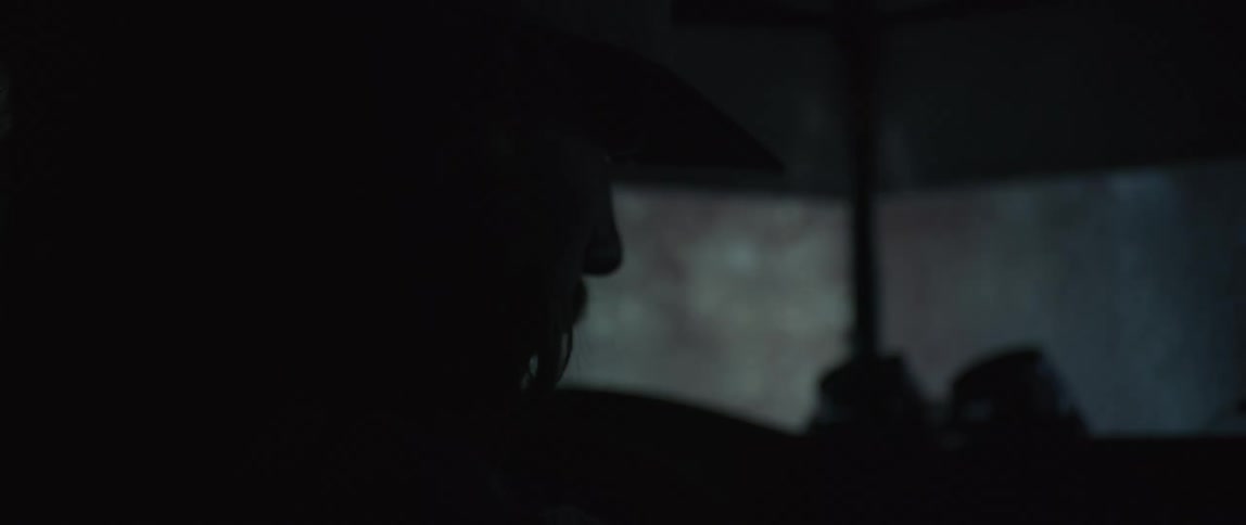 A shadowed figure is faintly visible inside a vehicle with a distorted view of a rainsoaked dim environment through the windshield