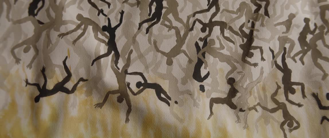 On a tapestry people fall down into a fire with snakes