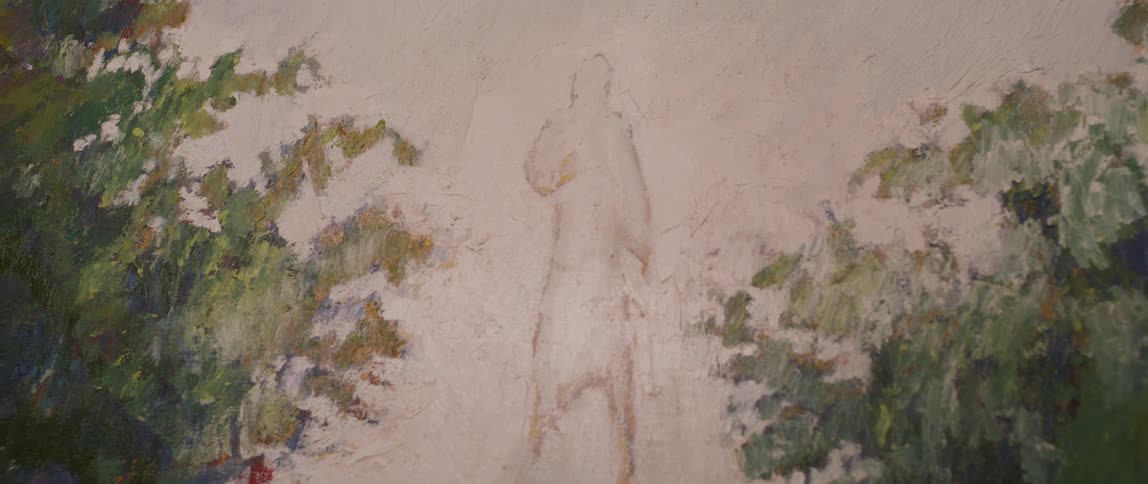 A textured lightcolored surface shows blurred outlines of a figure standing between loosely painted green foliage on either side