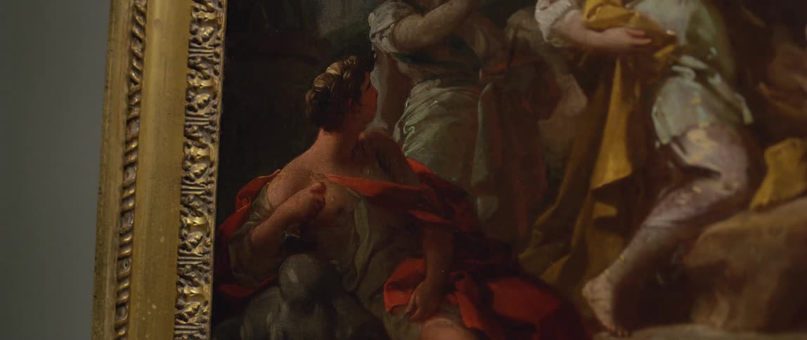 A classical painting showing a woman from behind interacting with other figures
