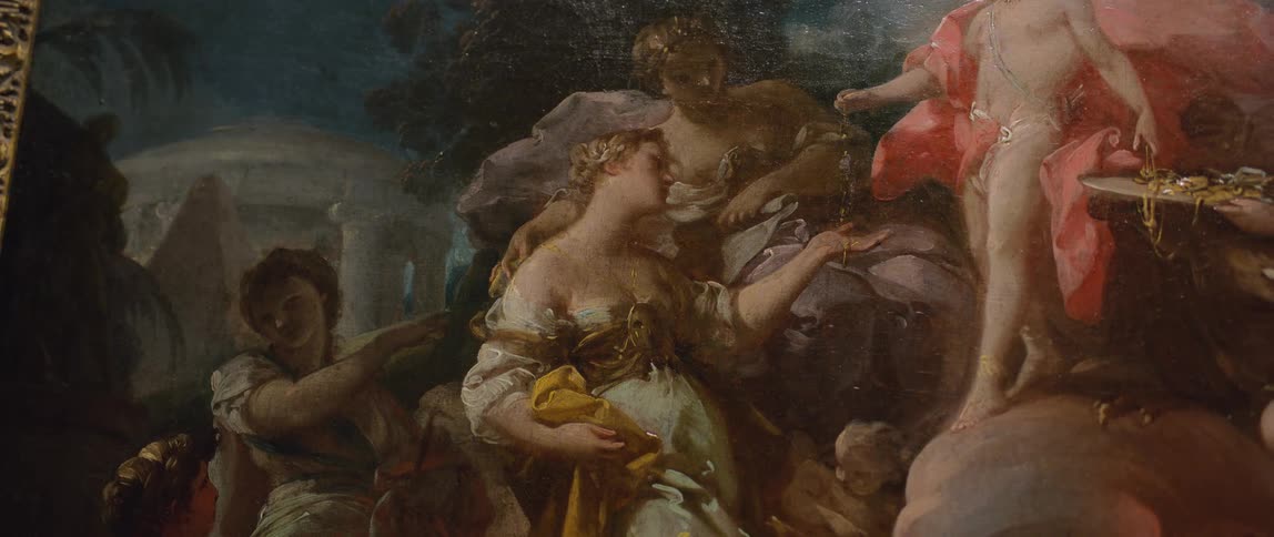 Close up of a classic painting with angels and people