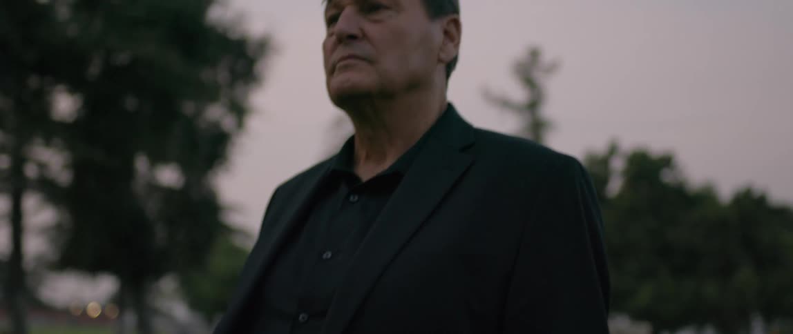 An elderly man looking sad is gazing ahead and up while standing in a field on a cloudy evening
