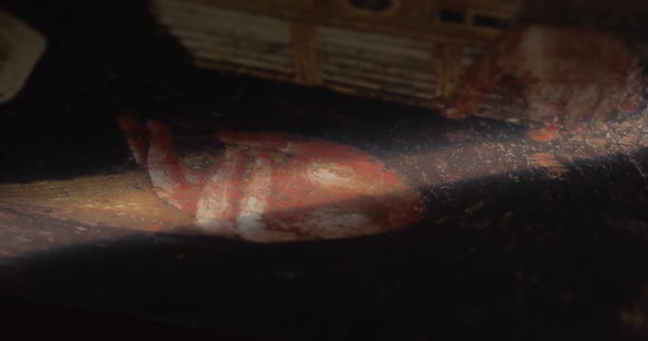 A person holds out a hand in an oil painting