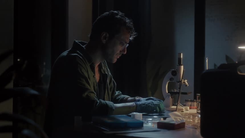 A scientist is typing on his laptop surrounded by test tubes