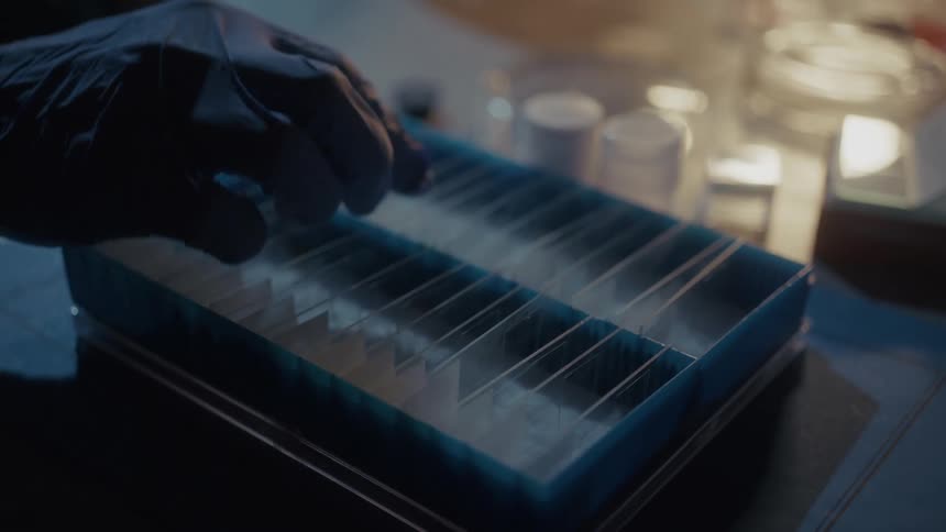 A scientist is searching through microscope slides