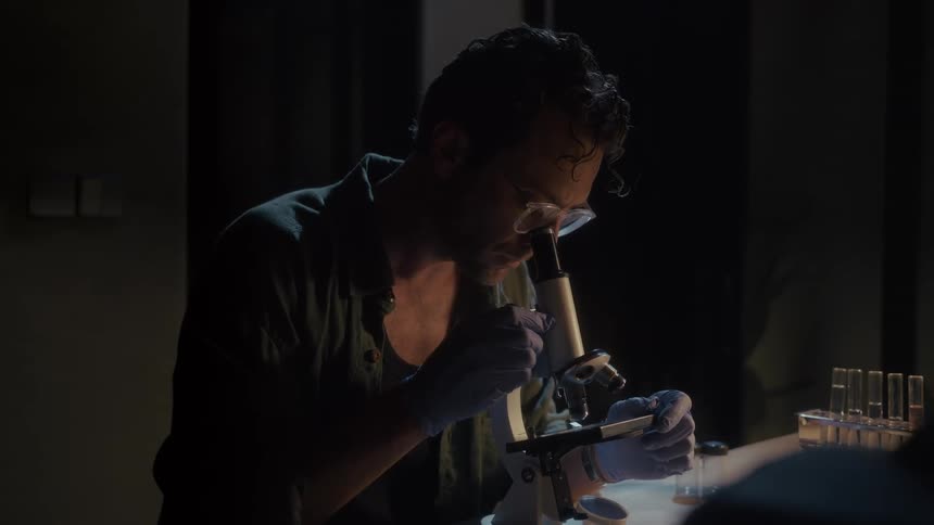 A man is observing a sample through the microscope