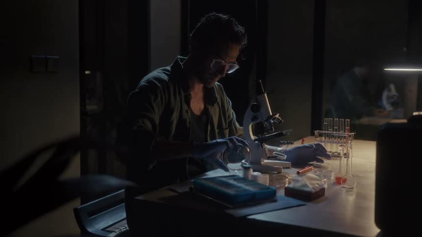 A man in a laboratory sitting at a table observing samples through his microscope