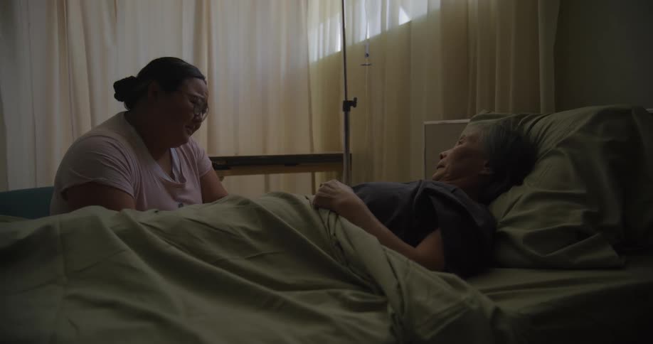 A woman sitting beside a hospital bed where an elderly woman is lying