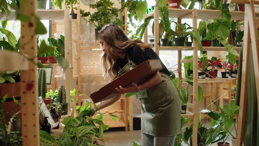 A woman in a greenhouse wearing an apron checks on the plants and vegetables