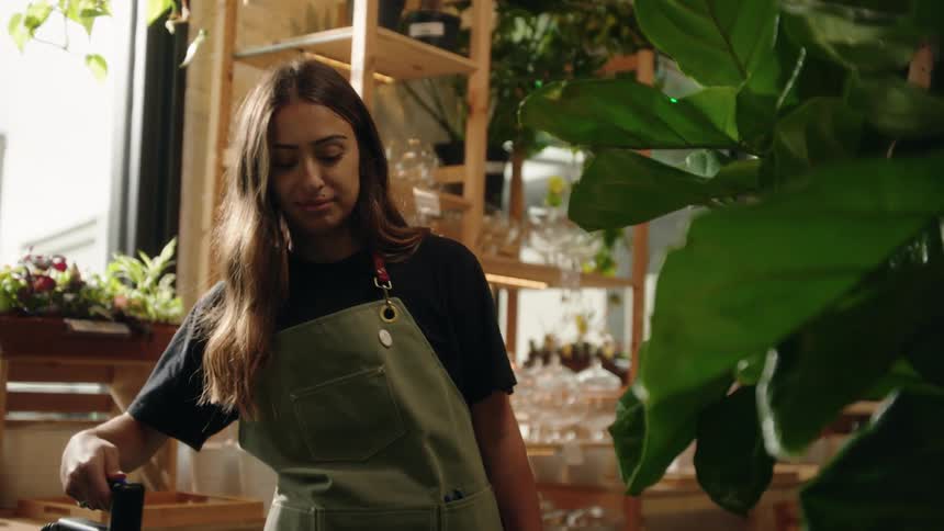 A woman waters plants as she walks across the room
