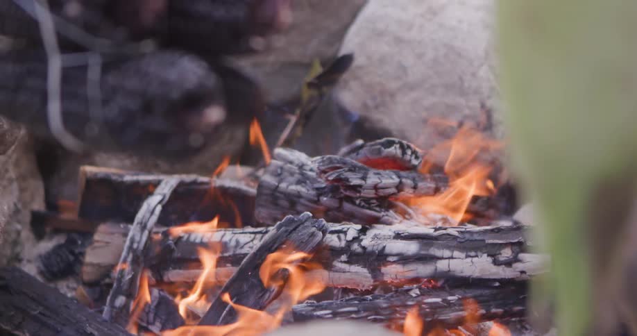 Flames burn and smoke rises from the charred wood of a campfire
