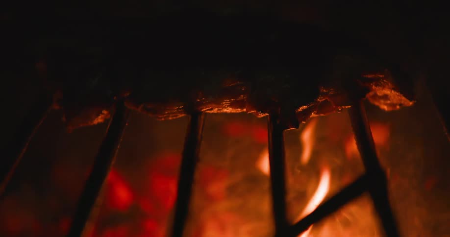 A piece of meat grilled over open flame at night