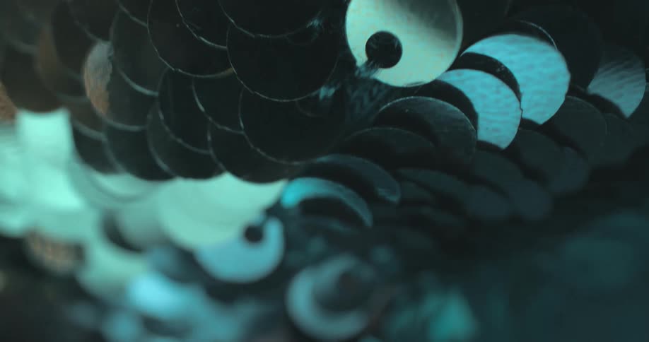 Metallic disks are attached with thread to form a fish scale pattern